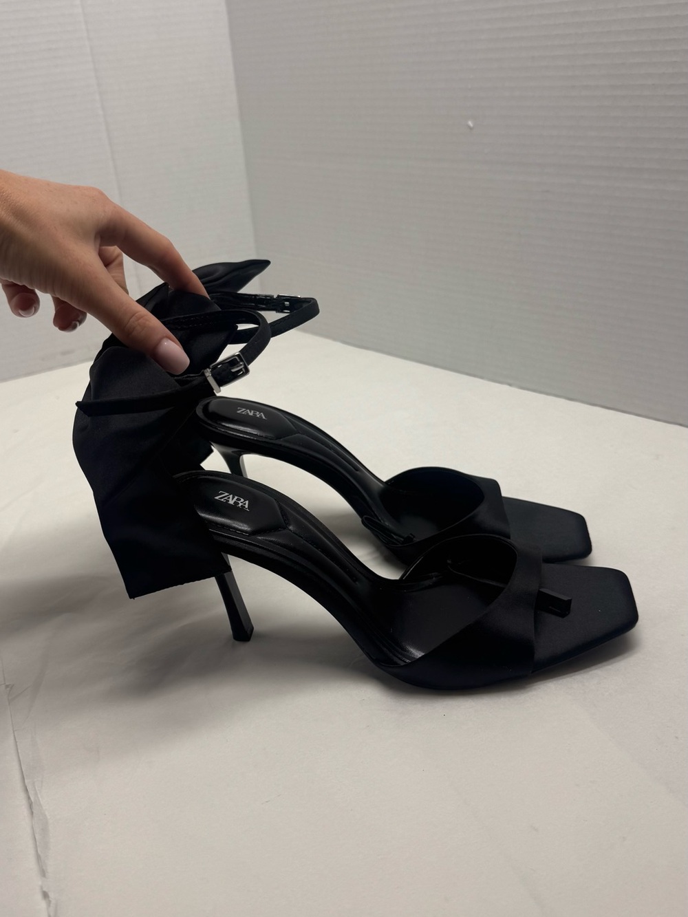Zara Black Satin Square-Toe Stiletto Sandals